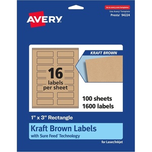 Avery Kraft Brown Rectangle Labels, Sure Feed Technology, 1″ x 3″, 240 Kraft Brown Labels, Print-to-The-Edge, Laser/Inkjet Printable(1 600 labels)