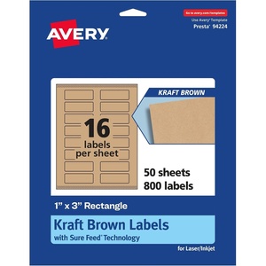 Avery Kraft Brown Rectangle Labels, Sure Feed Technology, 1″ x 3″, 240 Kraft Brown Labels, Print-to-The-Edge, Laser/Inkjet Printable(800 labels)