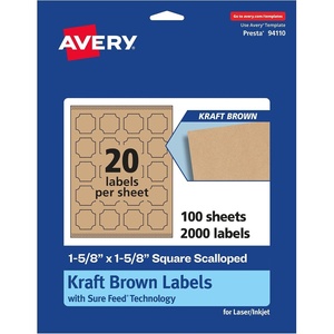 Avery Kraft Brown Square Scalloped Labels, Sure Feed Technology, 1-5/8″ x 1-5/8″, 500 Kraft Brown Labels, Print-to-The-Edge, Laser/Inkjet Printable(2 000 labels)