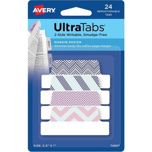 Avery Margin Ultra Tabs, 24 Repositionable Sticky Tabs, 2.5″ x 1″, 2-Side Writable Page Markers in Assorted Pastel Colors, 1 Pack (74769)(Assorted Geometric)