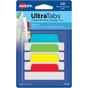 Avery Margin Ultra Tabs, 2.5″ x 1″, 2-Side Writable, Assorted Colors, 48 Repositionable Page Tabs (74866)