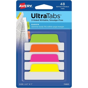 Avery Margin Ultra Tabs, 2.5″ x 1″, 2-Side Writable, Assorted Neon Colors, 48 Repositionable Page Tabs (74865)