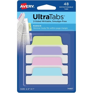 Avery Margin Ultra Tabs, 2.5″ x 1″, 2-Side Writable, Assorted Pastel Colors, 48 Repositionable Tabs (74867)(Assorted Pastel)