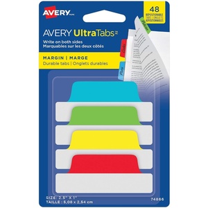 Avery Margin Ultra Tabs, 2.5″ x 1″, 2-Side Writable, Assorted Pastel Colors, 48 Repositionable Tabs (74867)(Primary)