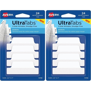 Avery Margin Ultra Tabs, 2.5″ x 1″, 2-Side Writable, White, 24 Repositionable Page Tabs (74789)(24 Count (Pack of 2))