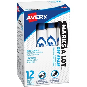 Avery Marks A Lot Dry Erase Markers, Low Odor, Chisel Tip, 12 Blue Whiteboard Markers for Classroom and School Supplies, Office Supplies, and More (24406)(Blue)