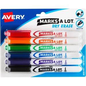 Avery Marks A Lot Dry Erase Markers, Low Odor White Board Markers with Bullet Tip, 6 Assorted Colors (24481)