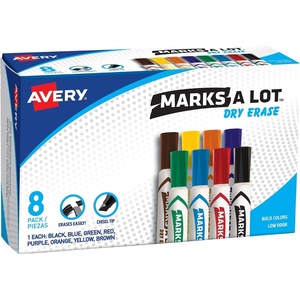 Avery Marks A Lot Dry Erase Markers, Low Odor White Board Markers with Chisel Tip, 8 Assorted Colors (24411)(1 Count (Pack of 1))