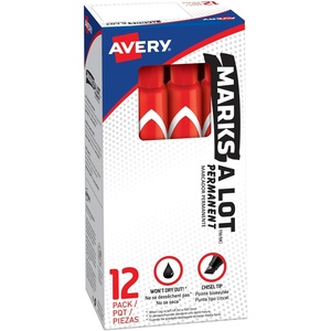Avery Marks A Lot Permanent Markers, Large Desk-Style Size, Chisel Tip, Water and Wear Resistant, 12 Red Markers (08887)(12 Count (Pack of 1))