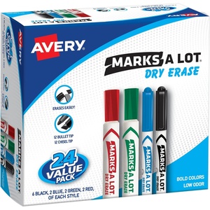 Avery Marks A Lot Value Pack Dry Erase Markers, White Board Markers, Chisel/Bullet, 24 Assorted Colors (29870)
