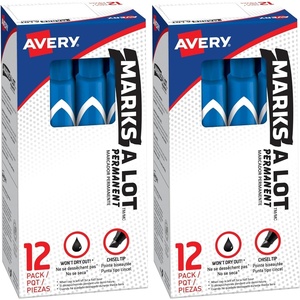 Avery Marks-A-Lot Permanent Markers, Large Desk-Style Size, Chisel Tip, Water and Wear Resistant, 12 Blue Markers (08886)(1 Count (Pack of 2))