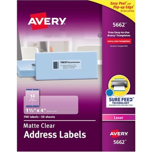 Avery Matte Clear Address Labels, Sure Feed Technology, Laser, 1-1/3″ x 4″, 700 Labels, 5 Packs (5662)