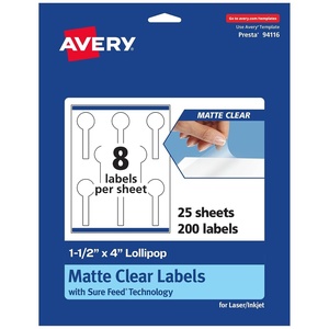 Avery Matte Clear Lollipop Labels, Sure Feed Technology, 1.5″ x 4″, 200 Matte Clear Labels, Print-to-The-Edge, Laser/Inkjet Printable(200 labels)