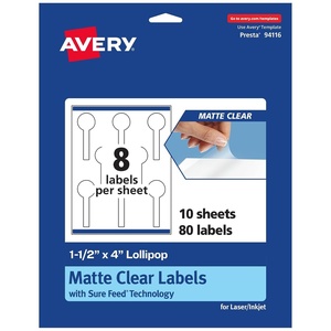 Avery Matte Clear Lollipop Labels, Sure Feed Technology, 1.5″ x 4″, 200 Matte Clear Labels, Print-to-The-Edge, Laser/Inkjet Printable(80 labels)
