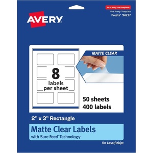 Avery Matte Clear Rectangle Labels, Sure Feed Technology, 2″ x 3″, 80 Matte Clear Labels, Print-to-The-Edge, Laser/Inkjet Printable(400 labels)
