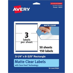 Avery Matte Clear Rectangle Labels, Sure Feed Technology, 3-1/4″ x 8-3/8″, 150 Matte Clear Labels, Laser/Inkjet Printable(150 labels)