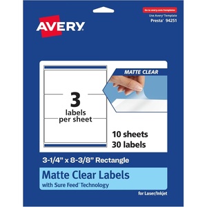 Avery Matte Clear Rectangle Labels, Sure Feed Technology, 3-1/4″ x 8-3/8″, 150 Matte Clear Labels, Laser/Inkjet Printable(30 labels)