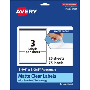 Avery Matte Clear Rectangle Labels, Sure Feed Technology, 3-1/4″ x 8-3/8″, 150 Matte Clear Labels, Laser/Inkjet Printable(75 labels)
