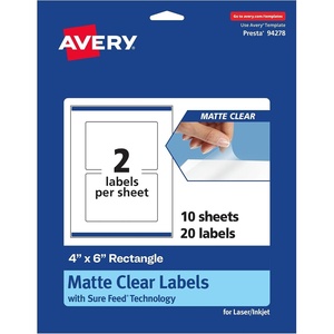 Avery Matte Clear Rectangle Labels, Sure Feed Technology, 4″ x 6″, 50 Matte Clear Labels, Print-to-The-Edge, Laser/Inkjet Printable(20 labels)