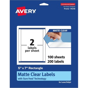 Avery Matte Clear Rectangle Labels, Sure Feed Technology, 5″ x 7″, 20 Matte Clear Labels, Laser/Inkjet Printable(200 labels)