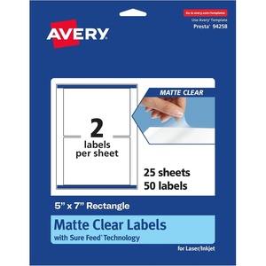 Avery Matte Clear Rectangle Labels, Sure Feed Technology, 5″ x 7″, 20 Matte Clear Labels, Laser/Inkjet Printable(50 labels)