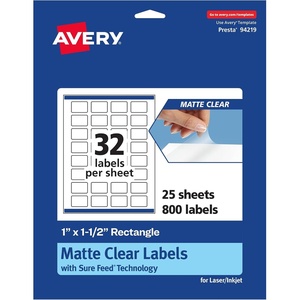 Avery Matte Clear Rectangle Labels with Sure Feed, 1″ x 1.5″, 320 Count, Print-to-The-Edge, Laser and Inkjet Compatible(800 labels)