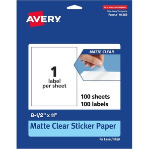 Avery Matte Clear Rectangle Sticker Sheets, 8.5″ x 11″, 25 Matte Clear Labels, Laser/Inkjet Printable Labels(100 labels)