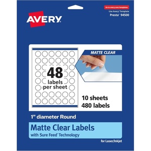 Avery Matte Clear Round Labels, Sure Feed Technology, 1″ Diameter, 480 Matte Clear Labels, Print-to-The-Edge, Laser/Inkjet Printable(480 labels)