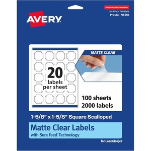 Avery Matte Clear Square Scalloped Labels, Sure Feed Technology, 1-5/8″ x 1-5/8″, 200 Matte Clear Labels, Print-to-The-Edge, Laser/Inkjet Printable(2 000 labels)