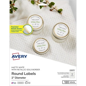 Avery Matte White Labels, Metallic Gold Borders, 3″ Round Labels, 60 Total, Laser/Inkjet Printable (6544)(120 labels)