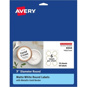 Avery Matte White Labels, Metallic Gold Borders, 3″ Round Labels, 60 Total, Laser/Inkjet Printable (6544)(60 labels)