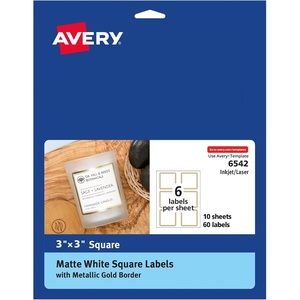 Avery Matte White Labels, Metallic Gold Borders, 3″ x 3″ Square Labels, 60 Total, Laser/Inkjet Printable (6542)(0)