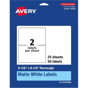 Avery Matte White Rectangle Labels, 5.5″ x 8.5″, 50 White Labels, Permanent Adhesive, Laser/Inkjet Printable(50 labels)