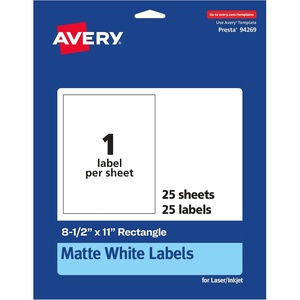 Avery Matte White Rectangle Labels, 8.5″ x 11″, 25 White Labels, Permanent Adhesive, Laser/Inkjet Printable(25 labels)