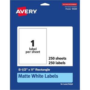 Avery Matte White Rectangle Labels, 8.5″ x 11″, 25 White Labels, Permanent Adhesive, Laser/Inkjet Printable(250 labels)