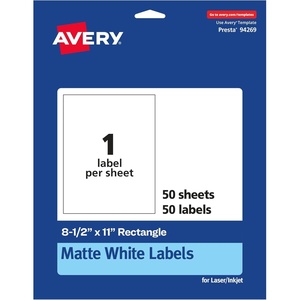 Avery Matte White Rectangle Labels, 8.5″ x 11″, 25 White Labels, Permanent Adhesive, Laser/Inkjet Printable(50 labels)