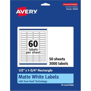Avery Matte White Rectangle Labels, Sure Feed Technology, 0.5″ x 1.75″, 1,500 Matte White Printable Labels(3 000 Labels)