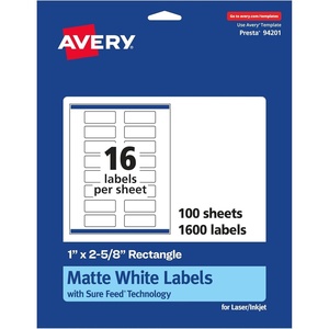 Avery Matte White Rectangle Labels, Sure Feed Technology, 1″ x 2-5/8″, 400 Matte White Printable Labels(1 600 Labels)