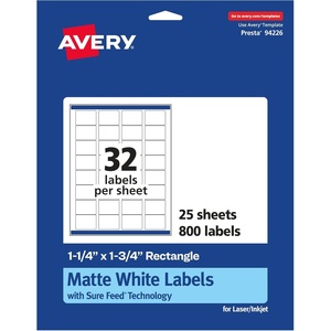 Avery Matte White Rectangle Labels, Sure Feed Technology, 1.25″ x 1.75″, 800 Matte White Printable Labels(800 Labels)