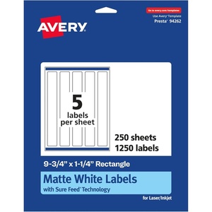 Avery Matte White Rectangle Labels, Sure Feed Technology, 9.75″ x 1.25″, 125 Matte White Printable Labels(1 250 Labels)