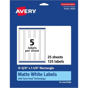 Avery Matte White Rectangle Labels, Sure Feed Technology, 9.75″ x 1.25″, 125 Matte White Printable Labels(125 Labels)