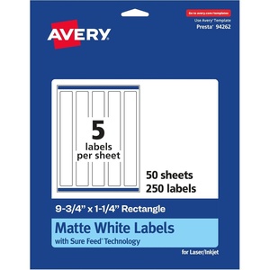Avery Matte White Rectangle Labels, Sure Feed Technology, 9.75″ x 1.25″, 125 Matte White Printable Labels(250 Labels)