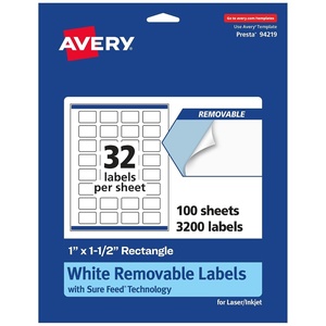 Avery Matte White Removable Rectangle Labels, Sure Feed Technology, Print-to-The-Edge, 1″ x 1.5″, 480 Removable Labels, Laser/Inkjet Printable(3 200 labels)