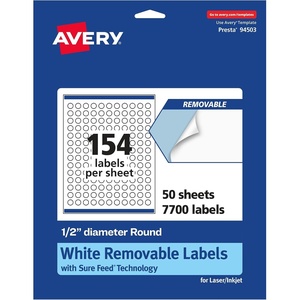 Avery Matte White Removable Round Labels, Sure Feed Technology, Print-to-The-Edge, 0.5″ Diameter, 2,310 Removable Labels, Laser/Inkjet Printable(7 700 labels)