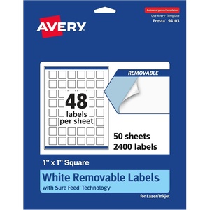 Avery Matte White Removable Square Labels, Sure Feed Technology, Print-to-The-Edge, 1″ x 1″, 720 Removable Labels, Laser/Inkjet Printable(2 400 labels)