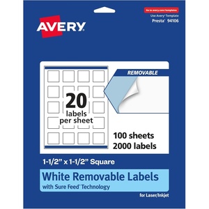 Avery Matte White Removable Square Labels, Sure Feed Technology, Print-to-The-Edge, 1.5″ x 1.5″, 300 Removable Labels, Laser/Inkjet Printable(2 000 labels)