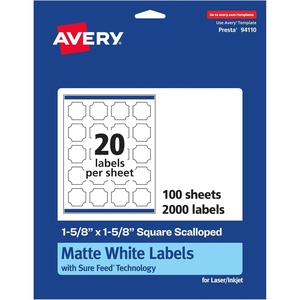 Avery Matte White Square Scalloped Labels, Sure Feed Technology, 1-5/8″ x 1-5/8″, 500 Matte White Printable Labels(2 000 Labels)