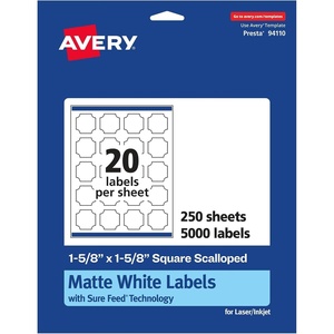 Avery Matte White Square Scalloped Labels, Sure Feed Technology, 1-5/8″ x 1-5/8″, 500 Matte White Printable Labels(5 000 Labels)