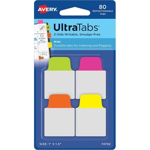 Avery Mini Ultra Tabs, 1″ x 1.5″, 2-Side Writable, Assorted Neon Colors, 80 Repositionable Tabs (74762)
