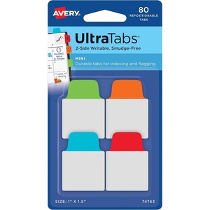 Avery Mini Ultra Tabs, 1″ x 1.5″, 2-Side Writable, Assorted Primary Colors, 80 Repositionable Tabs (74763)